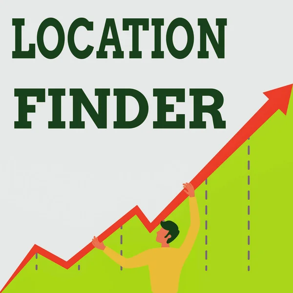 Написание текста с помощью Location Finder. Word Written on A service featured to find the address of the selected place Man Drawing Holding Graph Arrow Showing Business Growth. — стоковое фото