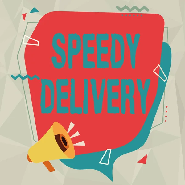 Επιγραφή πινακίδας Speedy Delivery. Επιχειρηματική ιδέα παρέχει προϊόντα με γρήγορο τρόπο ή την ίδια ημέρα ναυτιλία στο εξωτερικό Megaphone Σχέδιο Κάνοντας Νέα Ανακοίνωση Για να συνομιλήσετε Cloud. — Φωτογραφία Αρχείου