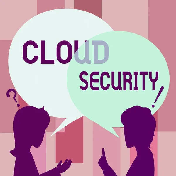 Legenda do texto apresentando Cloud Security. Idéia de negócio Impor um sistema seguro de dados existentes no desenho do casal da Internet com bate-papo Nuvem conversando com cada outras ideias de compartilhamento. — Fotografia de Stock