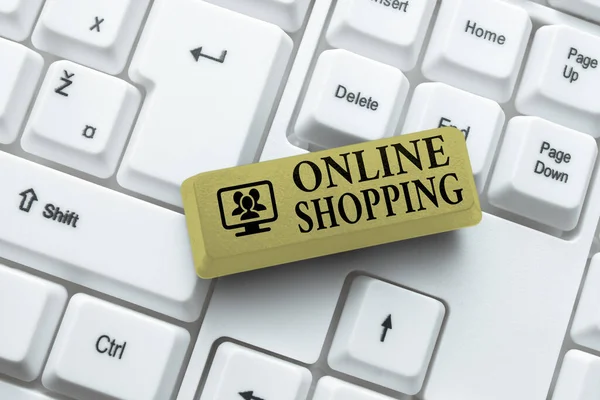 Conceptuele weergave Online winkelen. Business idee stelt consumenten in staat om hun goederen te kopen via het internet verbinding met Online Vrienden, het maken van kennissen op het internet — Stockfoto