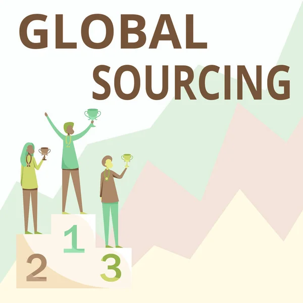 Visualización conceptual Global Sourcing. Práctica de enfoque empresarial de aprovisionamiento del mercado global de bienes Tres competidores de pie en el podio Holding Trofeos Celebrando la Victoria. —  Fotos de Stock