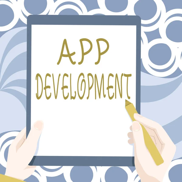 Handskrift text App Development. Internet Concept producera datorprogram med ett specialiserat syfte Ritning av båda händerna Holding Tablet Lightly Presentera underbara idéer — Stockfoto