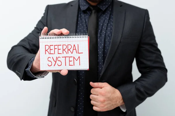 Writing displaying text Referral System. Word Written on sending own patient to another physician for treatment Presenting New Plans And Ideas Demonstrating Planning Process — Stock Photo, Image