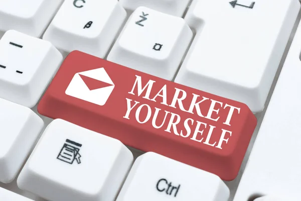 Textschild mit der Aufschrift Market Yourself. Business approach Making yourself for any kind of task and project in life Abstract Presenting Ethical Hacker, Typing Creative Notes And Ideas — Stockfoto