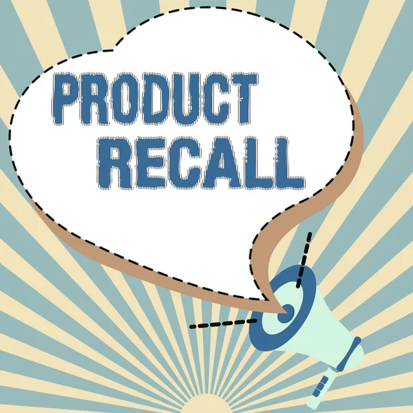 Text som visar inspiration Product Recall. Internet Begäran om att returnera eventuella produktfrågor till marknaden Illustration av en hög Megaphone högtalare gör nya tillkännagivanden — Stockfoto