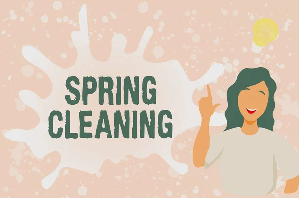 春の掃除のサインを示すインスピレーション。春の徹底的な清掃の練習のための言葉女性イラスト発見スピーチバブルと新しいアイデアランプ. — ストック写真