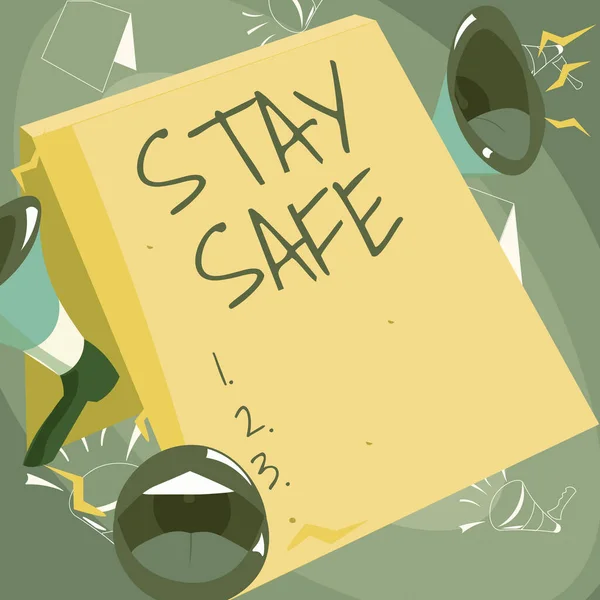 Bildunterschrift: Stay Safe. Konzept, das vor Gefahr, Schaden oder Aufbewahrungsort von Artikeln schützt Lippen-Megaphone machen laut neue Ansage an die Öffentlichkeit. — Stockfoto