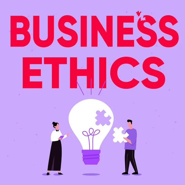 Writing displaying text Business Ethics. Business idea appropriate policies which govern how a business operates Illustration Of Partners Bulding New Wonderful Ideas For Skill Improvement. — Stock Photo, Image