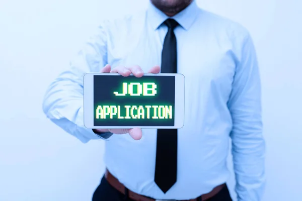 Schrijven met tekst Job Application weergeven. Concept betekenis Het standaard business document dient een aantal doeleinden Presentatie van nieuwe technologie Ideeën Discussie Technologische Verbetering — Stockfoto