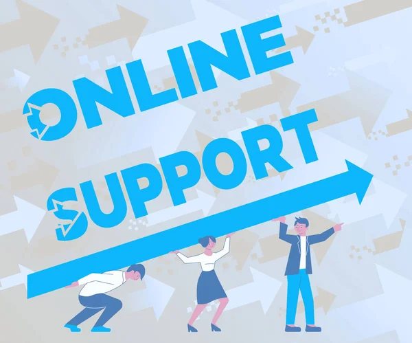 Text sign showing Online Support. Business concept range of services which helps in solving the buyer s is problem Four Colleagues Drawing Standing Holding Large Arrow For Success. — Stock Photo, Image