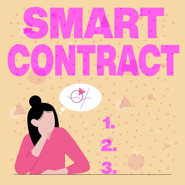 Text sign showing Smart Contract. Business idea digital agreement to control the transfer of digital currencies Illustration Of Lady Thinking Deeply Alone For New Amazing Tactical Ideas. — Stockfoto