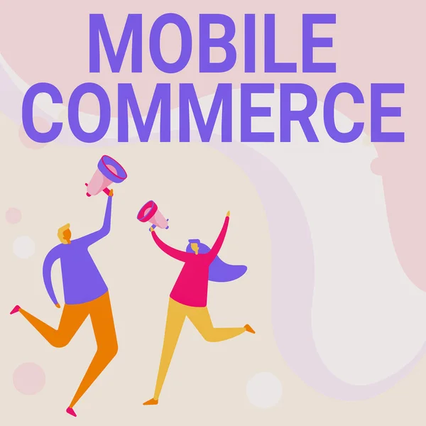 Conceptual display Mobile Commerce. Business showcase all online commercial transactions using smartphones Illustration Of Partners Jumping Around Sharing Thoughts Through Megaphone. — 图库照片