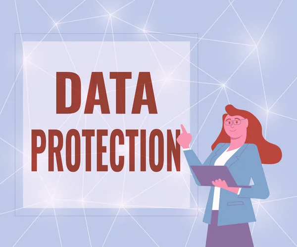 データ保護を示すテキストキャプション。データ侵害の可能性から情報を守るビジネスショーケースデータ侵害の可能性から情報を守るビジネスウーマンのノートパソコンに立つアイデアを発表. — ストック写真