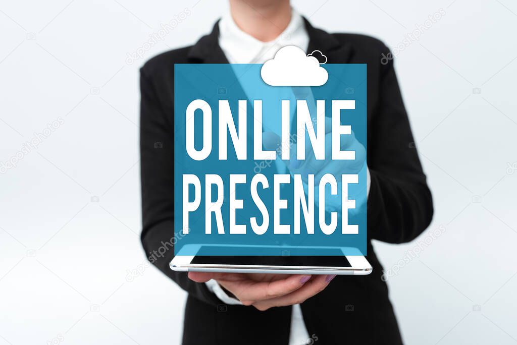 Text sign showing Online Presence. Business concept existence of someone that can be found via an online search Presenting New Technology Ideas Discussing Technological Improvement