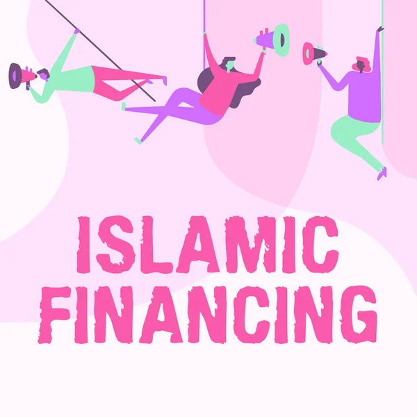Text showing inspiration Islamic Financing. Business concept Banking activity and investment that complies with sharia People Drawing Hanging At Ceiling With Megaphones Making Announcement. — Stockfoto