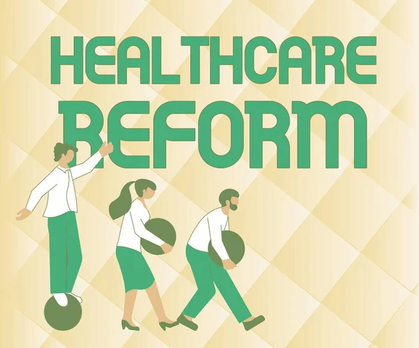 Inspiration showing sign Healthcare Reform. Word for Innovation and Improvement in the quality of care program Illustration Of Group Bringing Their Own Heavy Sphere Together. — 图库照片
