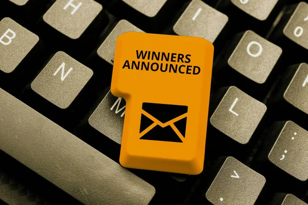 Handwriting text Winners Announced. Business showcase Announcing who won the contest or any competition Connecting With Online Friends, Making Acquaintances On The Internet — Stock Photo, Image