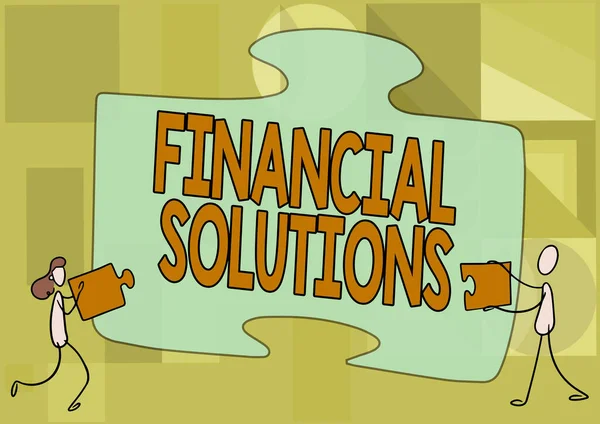 Text zeigt Inspiration Financial Solutions. Konzeptfoto, um Geld für Versicherung und Schutz zu sparen, braucht Kollegen, die zwei Puzzleteile zusammenfügen. — Stockfoto