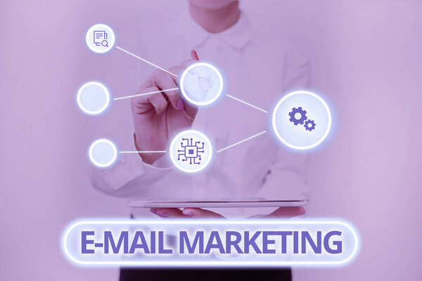 Writing displaying text E Mail Marketing. Word for Ecommerce Advertising Online sales Newsletters Promotion Lady In Uniform Standing Holding Tablet Typing Futuristic Technologies.