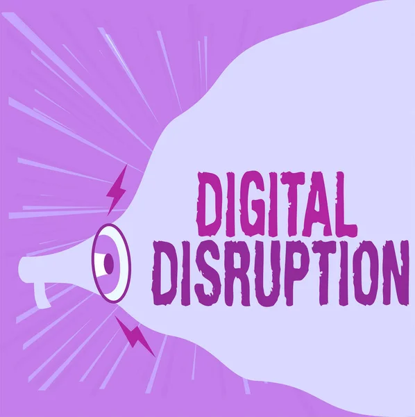 Text sign showing Digital Disruption. Business showcase Changes that affect technology markets Product makeover Megaphone Drawing Making New Loud Announcement To Blank Cloud. — 图库照片