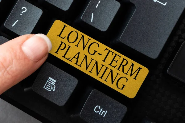 Text sign showing Long Term Planning. Business overview Establish Expected Goals five or more years ahead Publishing Typewritten Fantasy Short Story, Typing Online Memorandum — Stockfoto