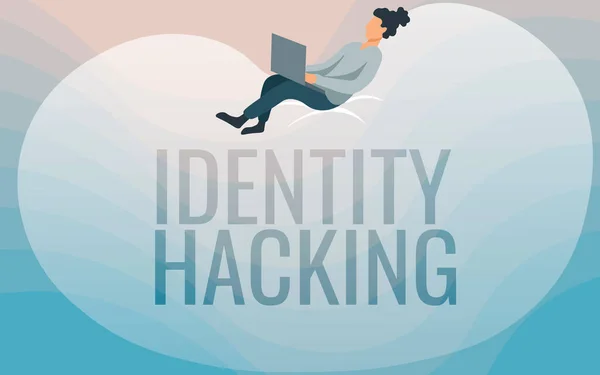 Inspiração mostrando sinal Identidade Hacking. Criminoso conceito de negócio que roubar suas informações pessoais usando malware Lady Drawing Sitting Back On A Large Bean Bag Using Laptop. — Fotografia de Stock