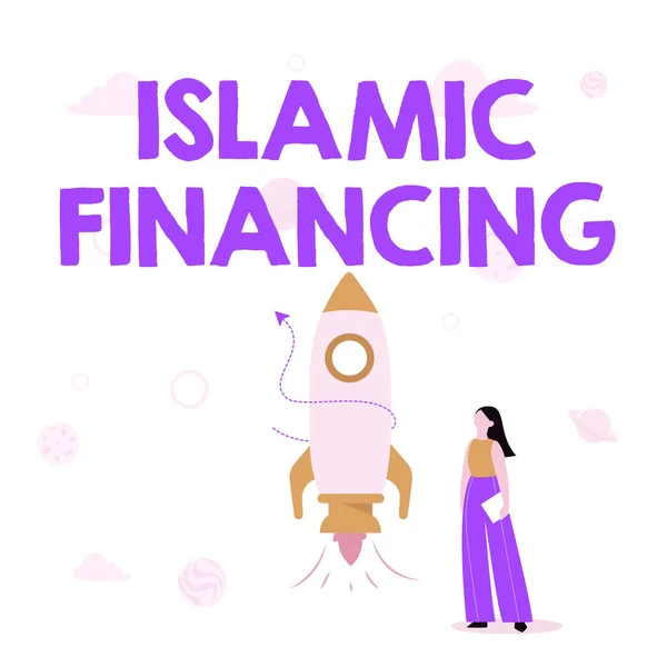 Inspiración mostrando signo de financiación islámica. Foto conceptual Actividad bancaria e inversión que cumple con la sharia Ilustración de chica casual de pie junto a cohete buque listo para lanzar —  Fotos de Stock