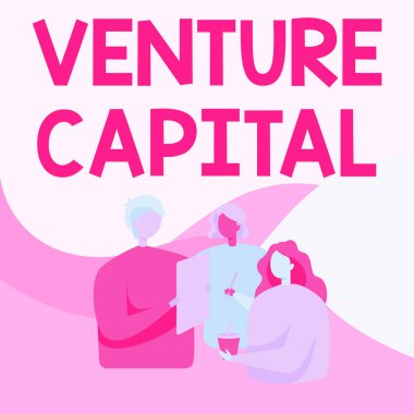 Venture Capital 'ı gösteren bir mesaj. Şirketler tarafından sağlanan finansman sözcüğü küçük sahnelerden birine Meslektaşlar Birbirleriyle Konuşan Kağıt Kalem Kupasına.