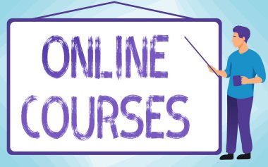 Kavramsal başlık Çevrimiçi Kurslar. İnternet Okul Eğitmeni Çizim Çubuğu Beyaz Tahtasını Tutarken Çizerek Eğitimini Kazanan Kavramsal Fotoğraf.