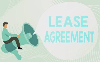 Konsept gösteri kira sözleşmesi. İnternet Sözleşmesi 'nde kira sözleşmesi var. Kirada oturan beyefendinin çizdiği büyük megafonla konuşma balonu gösteriliyor..