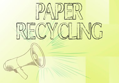 Metin Kağıt Geri Dönüşümü yazılıyor. Kavramsal fotoğraf, atık kağıtları, Yüksek Sesli Megafonlar 'ın Yeni Duyurular Yapan İllüstrasyonu' nu geri dönüştürerek yeni bir şekilde kullanıyor..