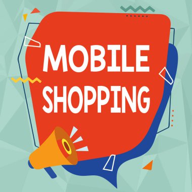 Cep telefonu alışverişini gösteren metin işareti. İş yaklaşımı, mobil megafon çizimi yoluyla mal ve hizmetlerin alınıp satılması ve Chat Cloud 'a yeni duyuru yapılması.