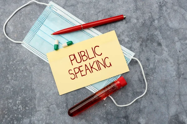 Texto que muestra inspiración Public Speaking. Concepto que significa hablar mostrando etapa en el tema Conferencia Presentación Investigación de medicamentos preventivos, prevención de infecciones virales — Foto de Stock