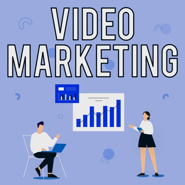 Conceptual display Video Marketing. Concept meaning create short videos about specific topics using articles Man Using Laptop And Girl Standing Sharing Ideas For Improvement.