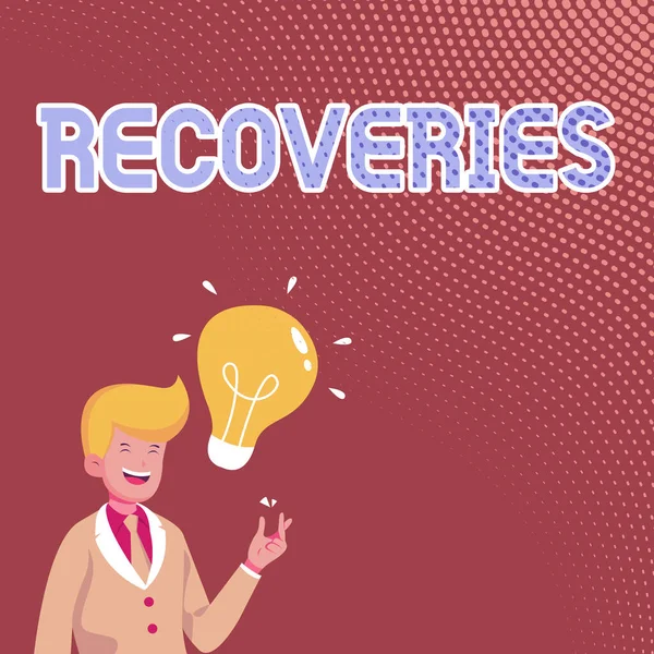 Text showing inspiration Recoveries. Business idea process of regaining possession or control of something lost Gentleman Drawing Standing Having New Idea Presented With Light Bulb. — Stockfoto