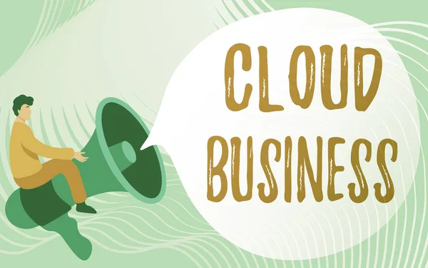 Tekst pokazujący inspirację Cloud Business. Biznes showcase dostawa usług internetowych udostępnionych użytkownikom Gentleman Drawing Riding Big Megaphone Wyświetlanie Speech Bubble. — Zdjęcie stockowe