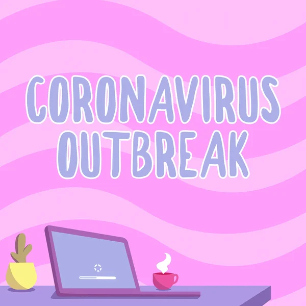 Signo de texto que muestra el brote de Coronavirus. Concepto de Internet enfermedad infecciosa causada por el recién descubierto COVID19 Oficina de dibujo con el titular de la pluma del ordenador portátil y un abierto y arreglado — Foto de Stock