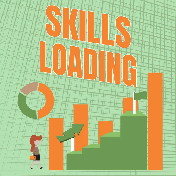 Kavramsal Ekran Yetenekleri Yükleme. İş dünyası konsepti, bir iş kadınının Büyük Grafik Gösterisine Doğru Yürüyüş görevinde ne kadar zorluk yaşadığına dikkat çekiyor