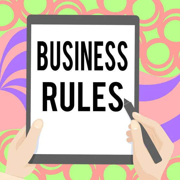 Inspiration showing sign Business Rules. Business overview the principles which determine the corporation s is activities Drawing Of Both Hands Holding Tablet Lightly Presenting Wonderful Ideas