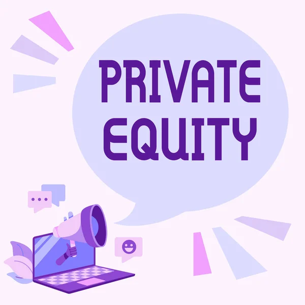 Hand writing sign Private Equity. Concept meaning limited partnerships composed of funds not publicly traded Laptop Drawing Sharing Comments And Reactions At Chat Cloud Over Megaphone. — 图库照片