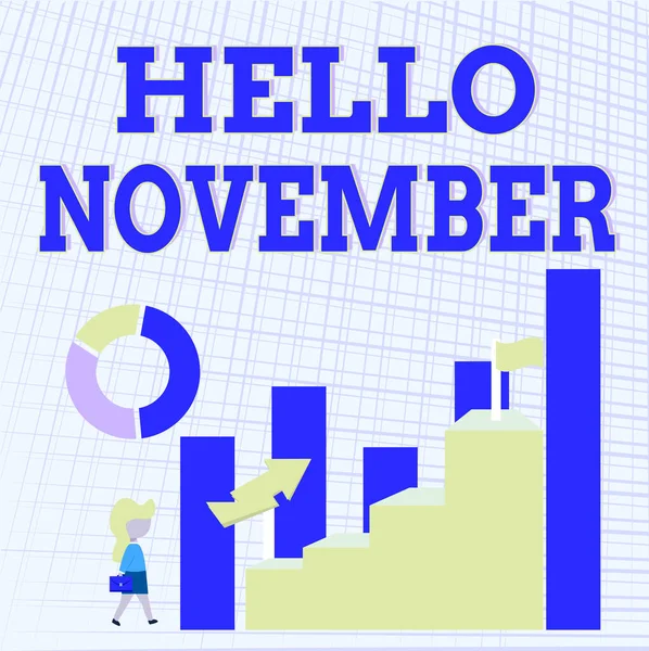 Teken met Hello November. Business concept begroeting gebruikt bij het verwelkomen van de elfde maand van het jaar Business Woman Walking Towards Large Graph Showing Performance — Stockfoto