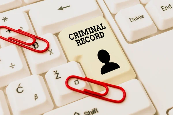 Conceptual caption Criminal Record. Internet Concept profile of a person criminal history with details Abstract Typing New Antivirus Program, Typing Internet Virus Lists — Stock Photo, Image