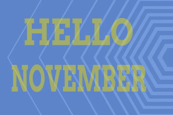 Handschriftteken Hallo November. Business idee begroeting gebruikt bij het verwelkomen van de elfde maand van het jaar Line Illustrated Achtergronden met verschillende vormen en kleuren. — Stockfoto
