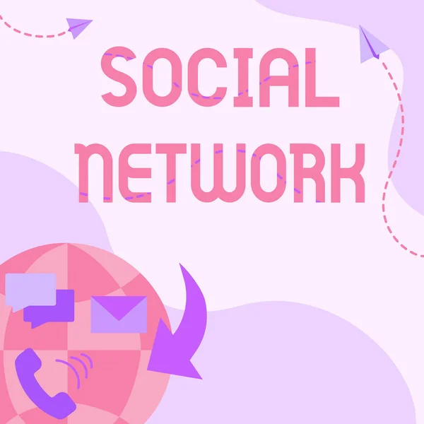 Podpis wyświetlający Social Network. Word Wpisany na ramy osoby powiązanej relacją interpersonalną Internet Network Drawing With Colorful Messaging S. — Zdjęcie stockowe