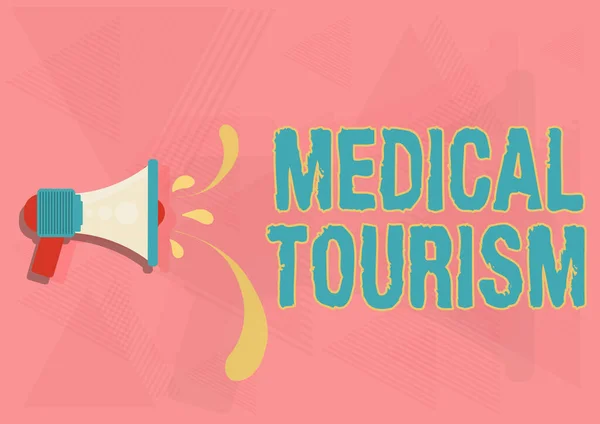 Text sign showing Medical Tourism. Business overview traveling outside the country to receive medical care Illustration Of Megaphone Throwing Out Water Drops Making Announcement. — Stockfoto