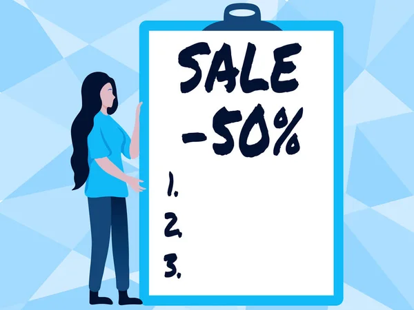 Hand writing sign Sale 50 Percent. Business approach A promo price of an item at 50 percent markdown Woman Drawing Holding A Big Empty Clipboard Showing New Meaning. — 图库照片