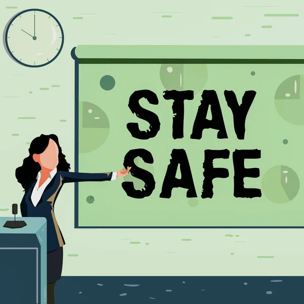 Conceptual caption Stay Safe. Business concept secure from threat of danger, harm or place to keep articles Lady Drawing Standing Holding Projector Remote Control Presenting Pie Charts — 图库照片