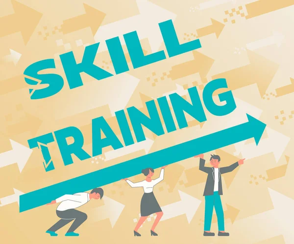 Text caption presenting Skill Training. Word for designed to gain and enhance the knowledge an employee needs Four Colleagues Drawing Standing Holding Large Arrow For Success. — 图库照片