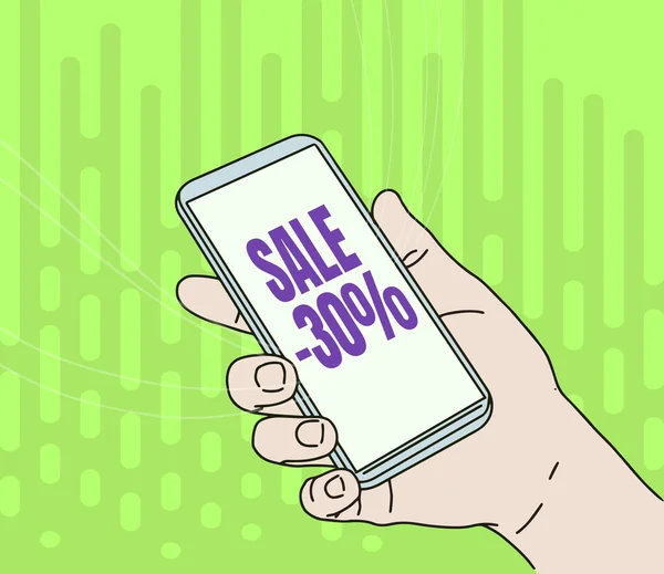 문자를 보내는 것은 30% 를 판매 한다. 새로운 기술을 보여 주는 블 랭크 스크린을 통해 휴대 전화를 들고 있는 30 퍼센트의 가격으로 상품 가격을 책정하는 사업 아이디어. — 스톡 사진