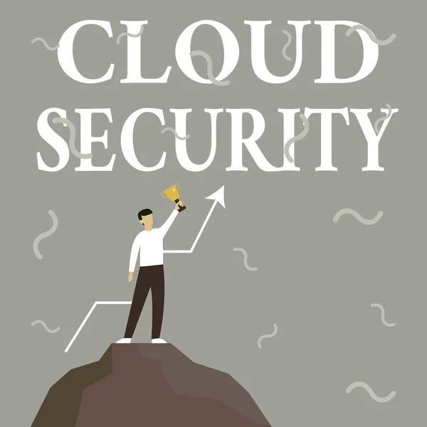 Inspirace ukazuje znamení Cloud Security. Business showcase Zavedení zabezpečeného systému existujících dat v internetovém podnikateli Kresba stojící na Big Rock Pyšně přidržující trofej. — Stock fotografie